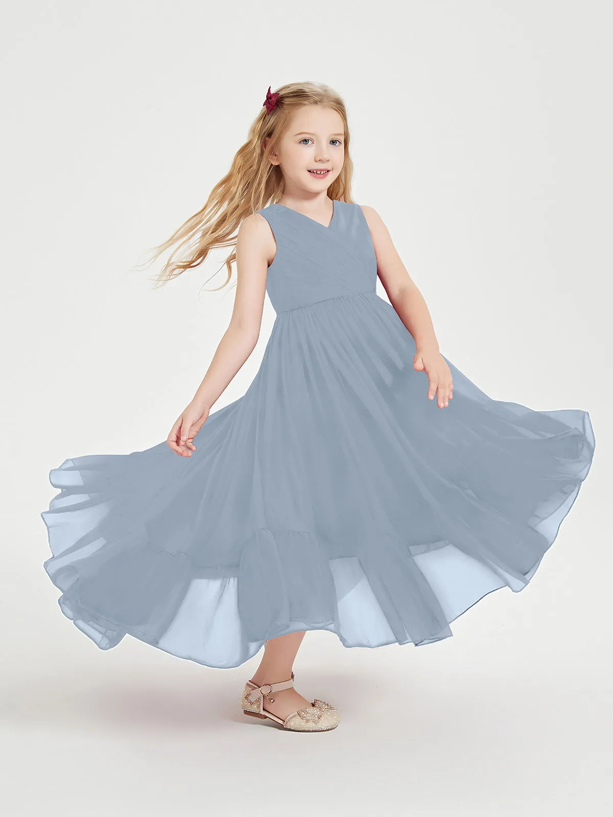 Boho Robes de Demoiselles d'Honneur Junior à Jupe en Cascade Bleu Poudré