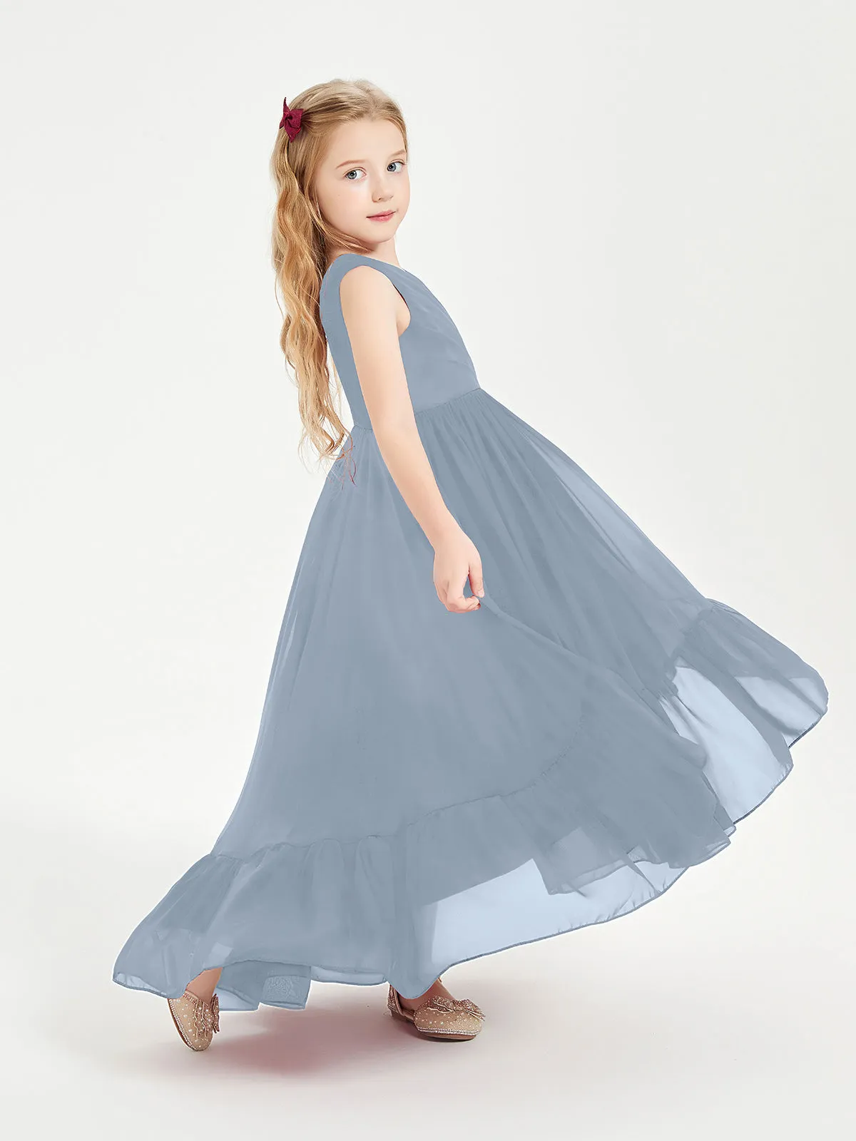 Boho Robes de Demoiselles d'Honneur Junior à Jupe en Cascade Bleu Poudré