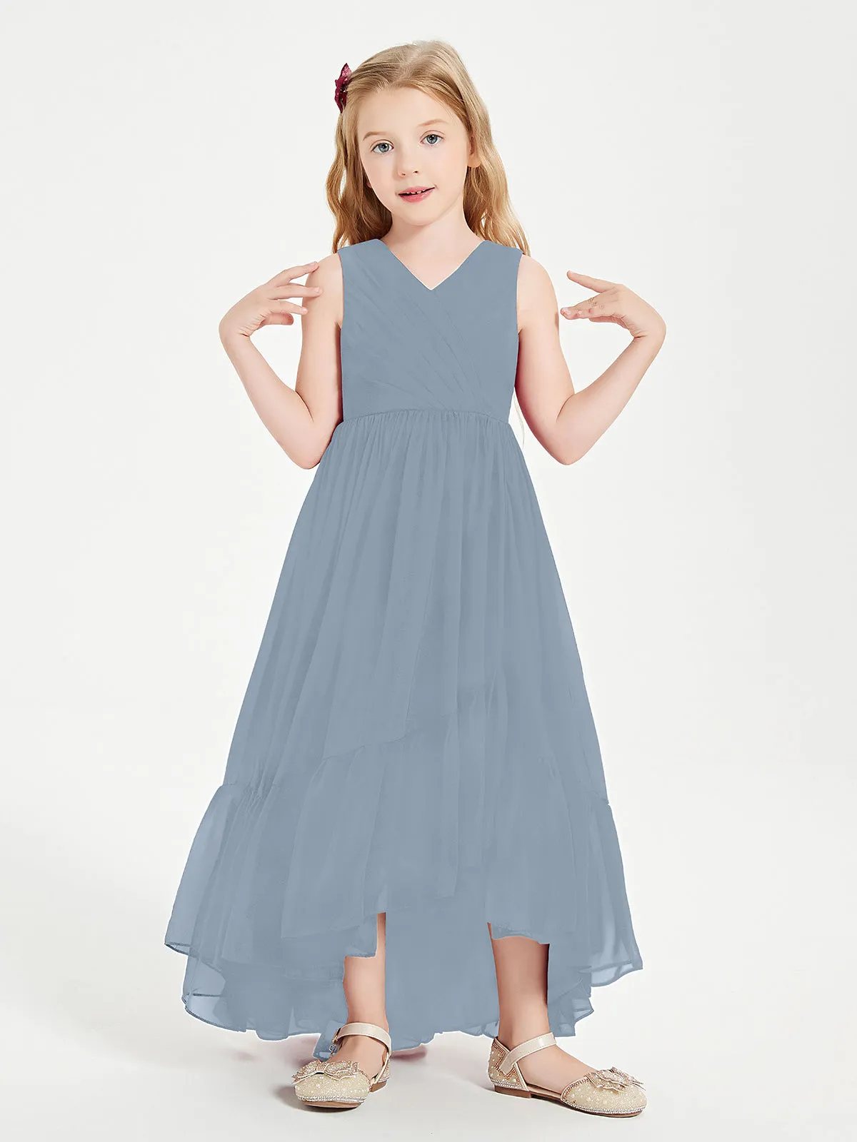 Boho Robes de Demoiselles d'Honneur Junior à Jupe en Cascade Bleu Poudré