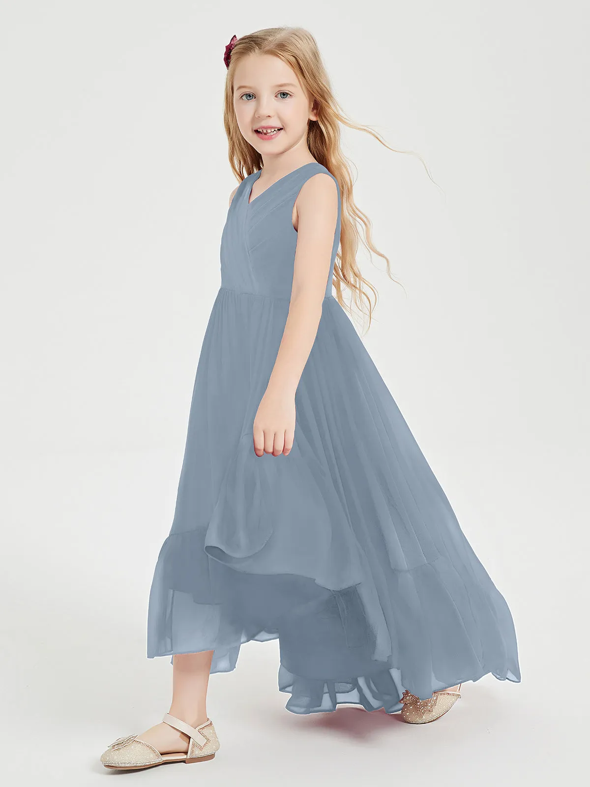 Boho Robes de Demoiselles d'Honneur Junior à Jupe en Cascade Bleu Poudré