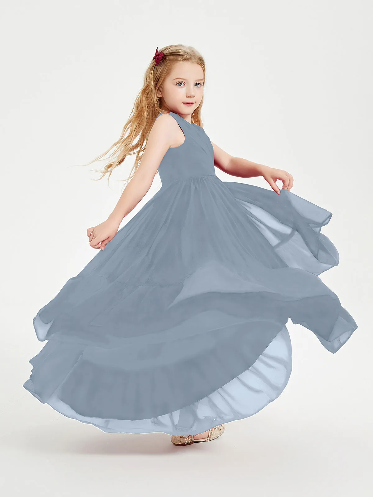 Boho Robes de Demoiselles d'Honneur Junior à Jupe en Cascade Bleu Poudré