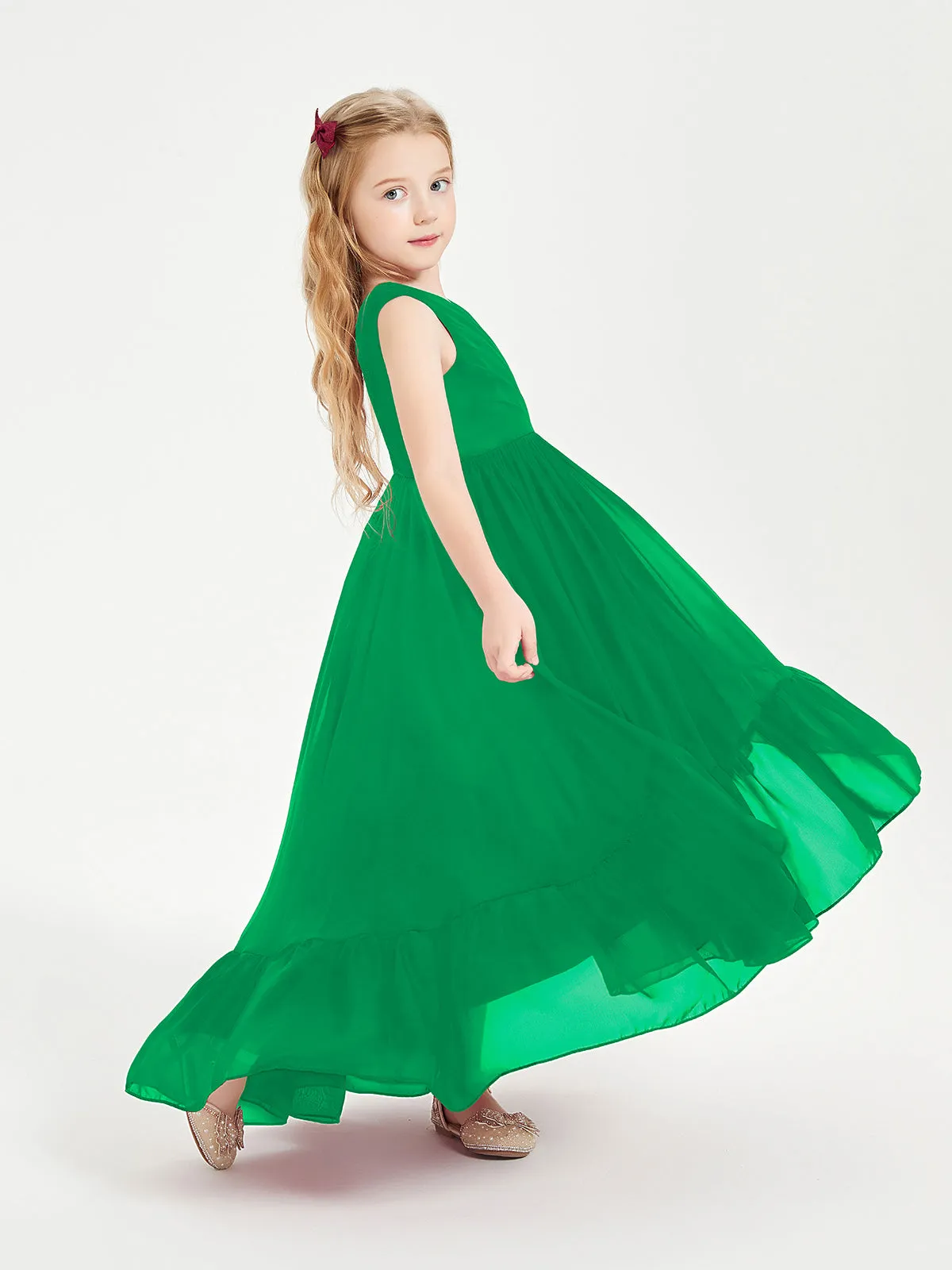 Boho Robes de Demoiselles d'Honneur Junior à Jupe en Cascade Emeraude