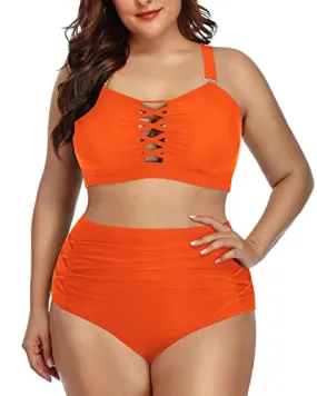 Charming High Waisted Plus Size Two Piece Bikini For Women-Neon Orange
