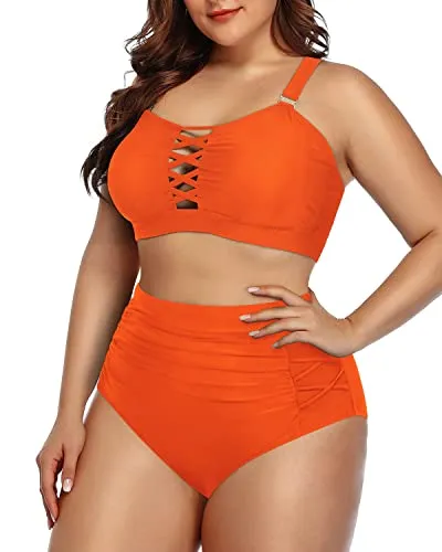 Charming High Waisted Plus Size Two Piece Bikini For Women-Neon Orange