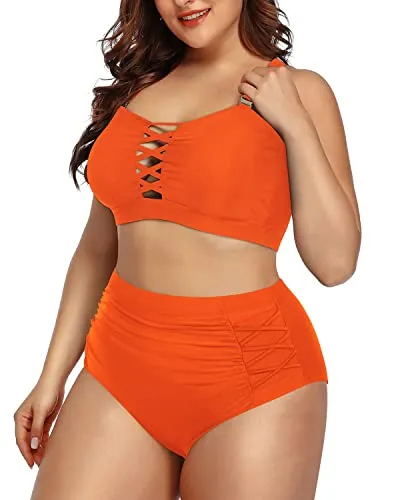 Charming High Waisted Plus Size Two Piece Bikini For Women-Neon Orange