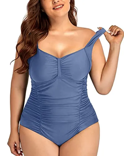 Comfortable Wide Strap Push Up Plus Size Swimsuit-Blue
