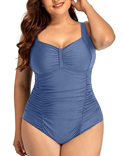 Comfortable Wide Strap Push Up Plus Size Swimsuit-Blue