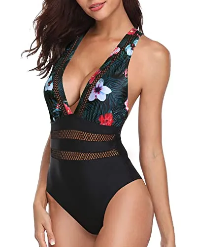 Comfy Padded Push Up V Neck One Piece Swimsuits-Black Floral