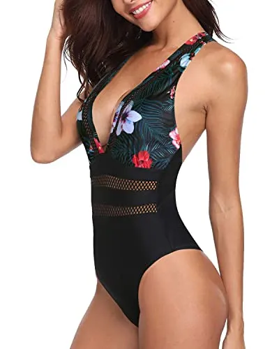 Comfy Padded Push Up V Neck One Piece Swimsuits-Black Floral