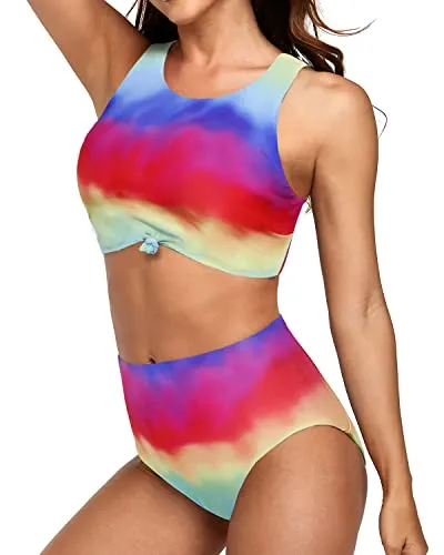 Crop Top Swimsuits Sporty Two Piece Swimsuits-Color Tie Dye