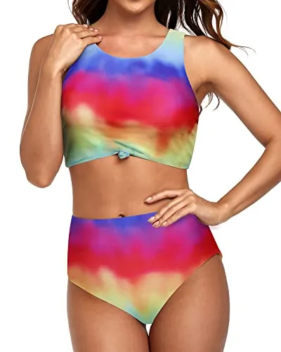 Crop Top Swimsuits Sporty Two Piece Swimsuits-Color Tie Dye