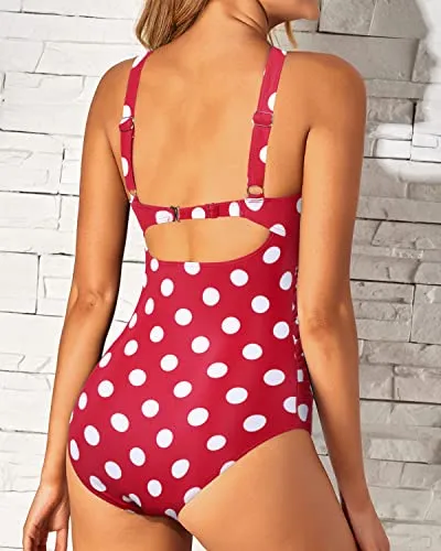 Cute And Chic One Piece Front Cross Keyhole Swimsuits-Red Dot