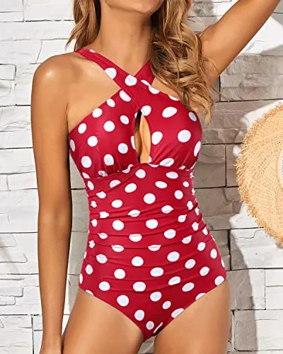 Cute And Chic One Piece Front Cross Keyhole Swimsuits-Red Dot