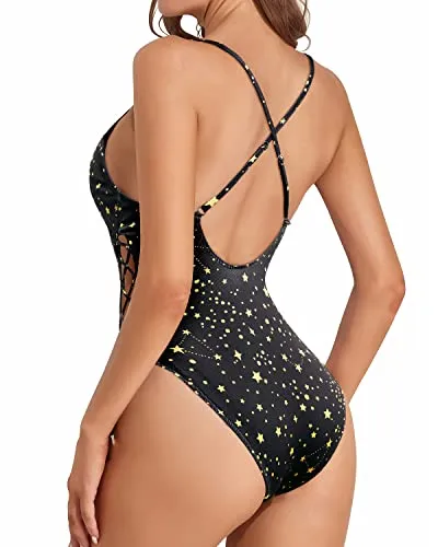 Deep Plunge V Neck Lace Up One Piece Swimsuit for Women