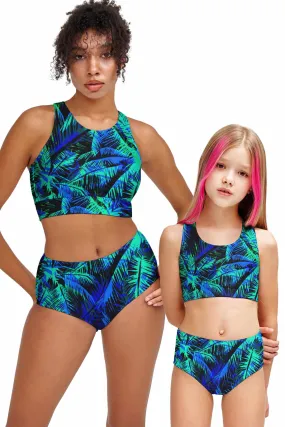 Electric Jungle Navy Blue Two-Piece Sporty Swimsuits - Mommy and Me