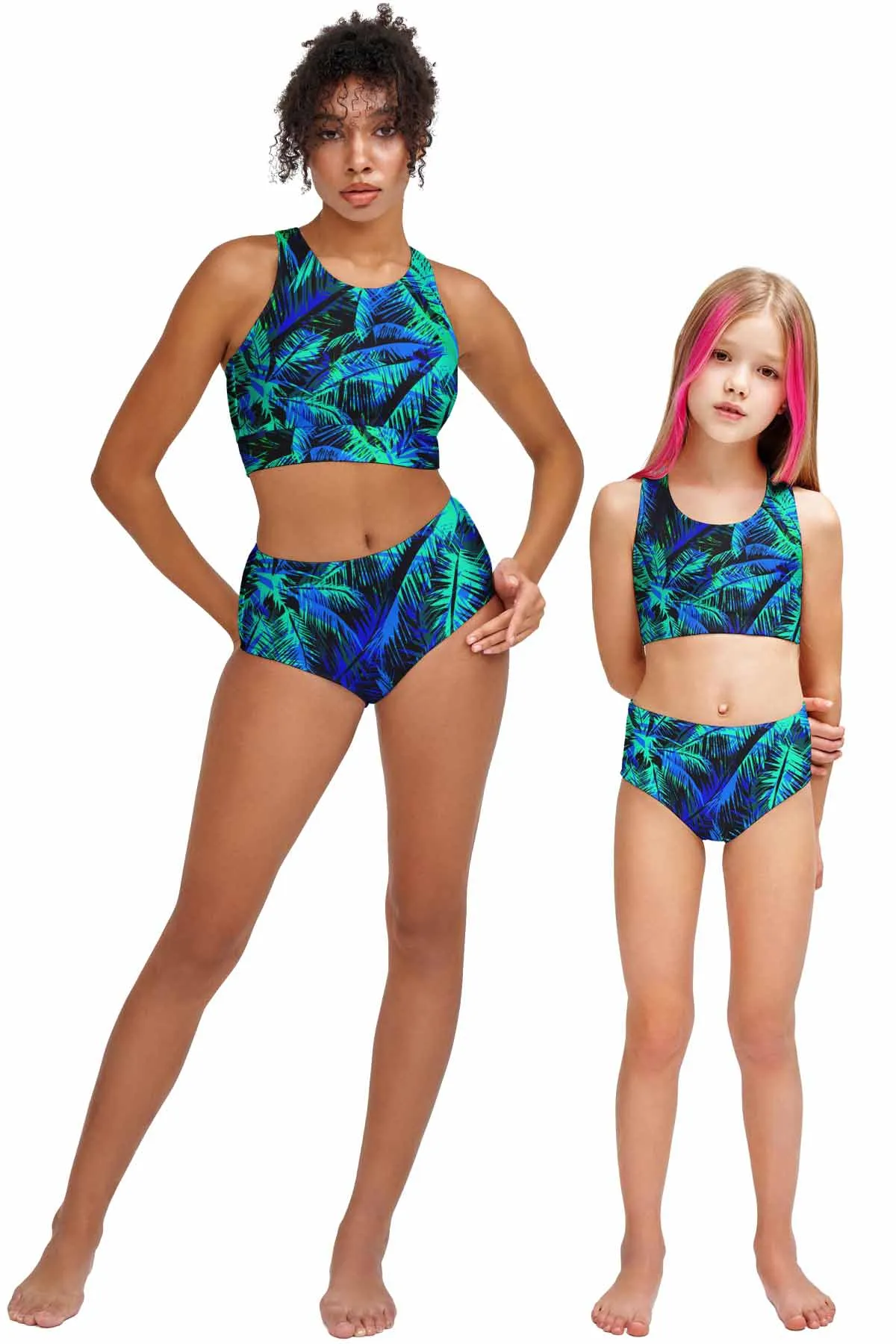 Electric Jungle Navy Blue Two-Piece Sporty Swimsuits - Mommy and Me