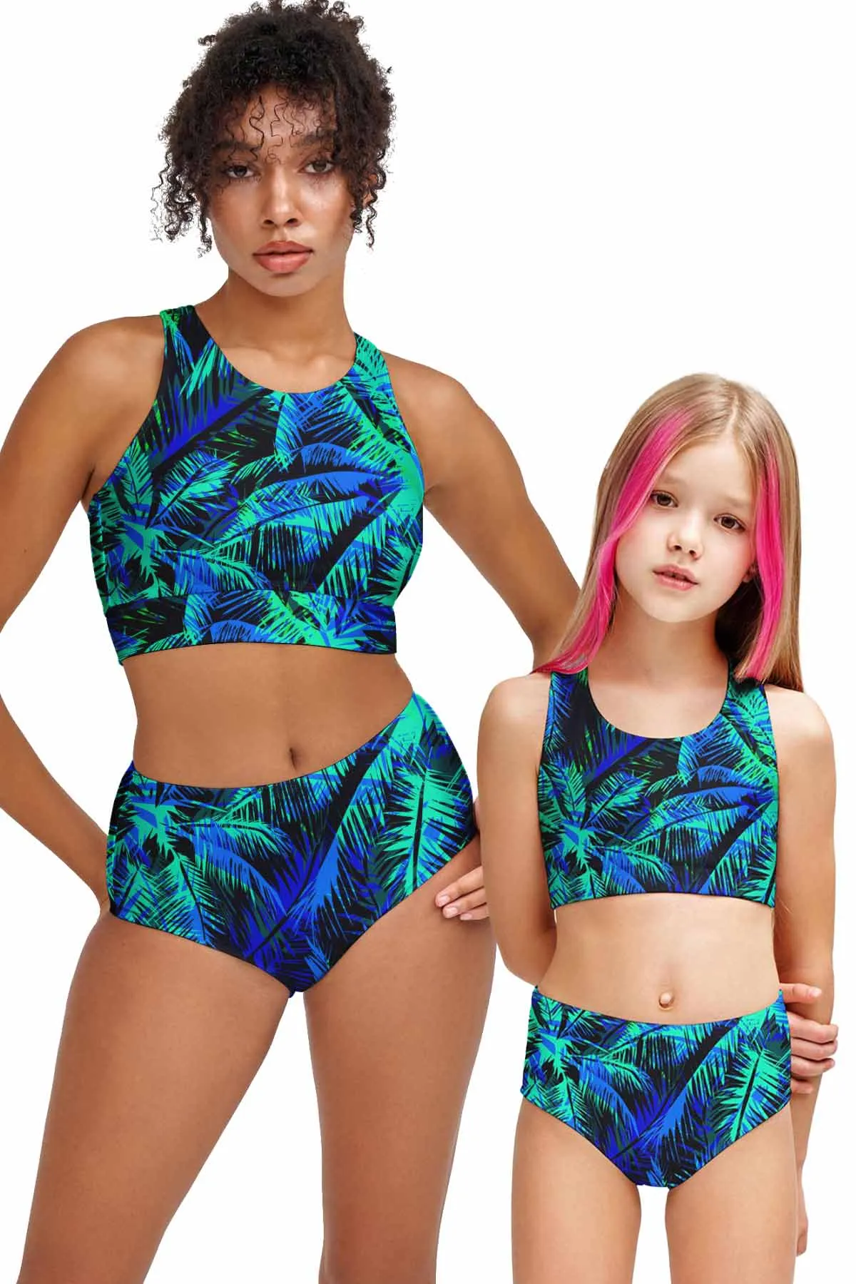 Electric Jungle Navy Blue Two-Piece Sporty Swimsuits - Mommy and Me