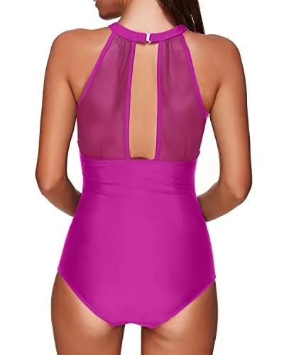 Elegant Tummy Control Mesh Plunge Neck One Piece Swimsuit For Women-Hot Pink