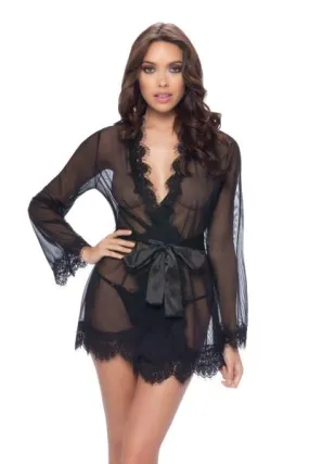 Eyelash Lace Robe with G-string - Black