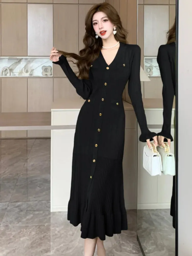 Fashionkova Autumn Solid Knitted Dresses for Women Single Breasted Chic Flared Sleeve Ruffles Hem Casual 2024 Female Office Elegant Robes