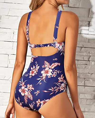 Flattering Women One Piece Front Cross Keyhole Swimsuits-Blue Flowers