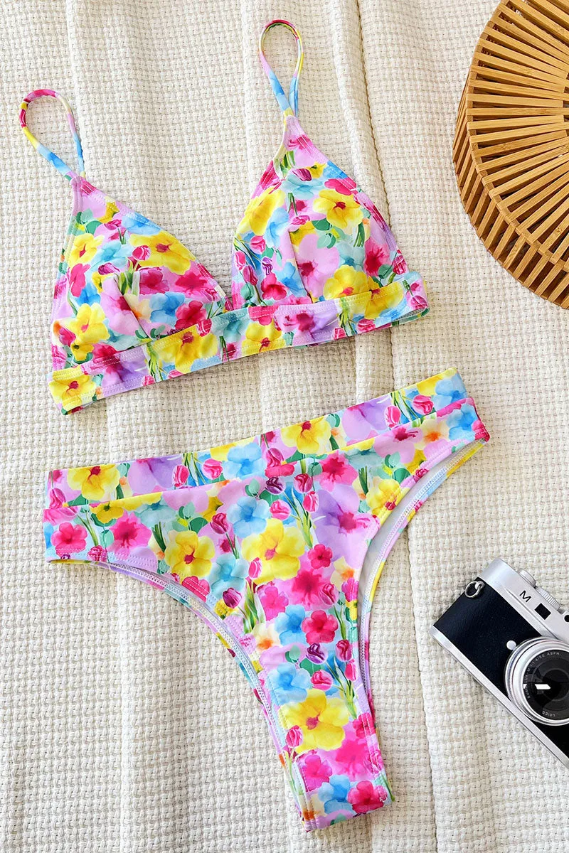 Floral Print Cute Lace-Up Triangle Spaghetti Strap Bikini