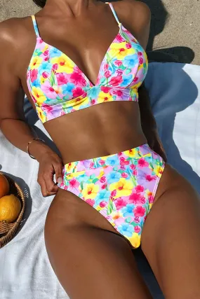 Floral Print Cute Lace-Up Triangle Spaghetti Strap Bikini