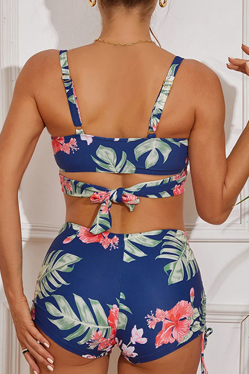 Floral Print Glamorous Strappy Drawstring Bikini