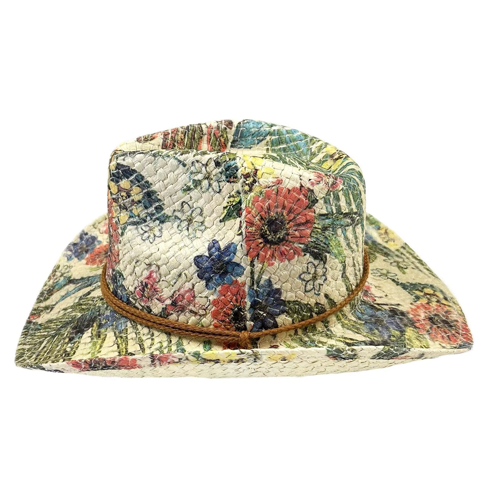 Floral Print Straw Western Cowgirl Hat with Chin Cord