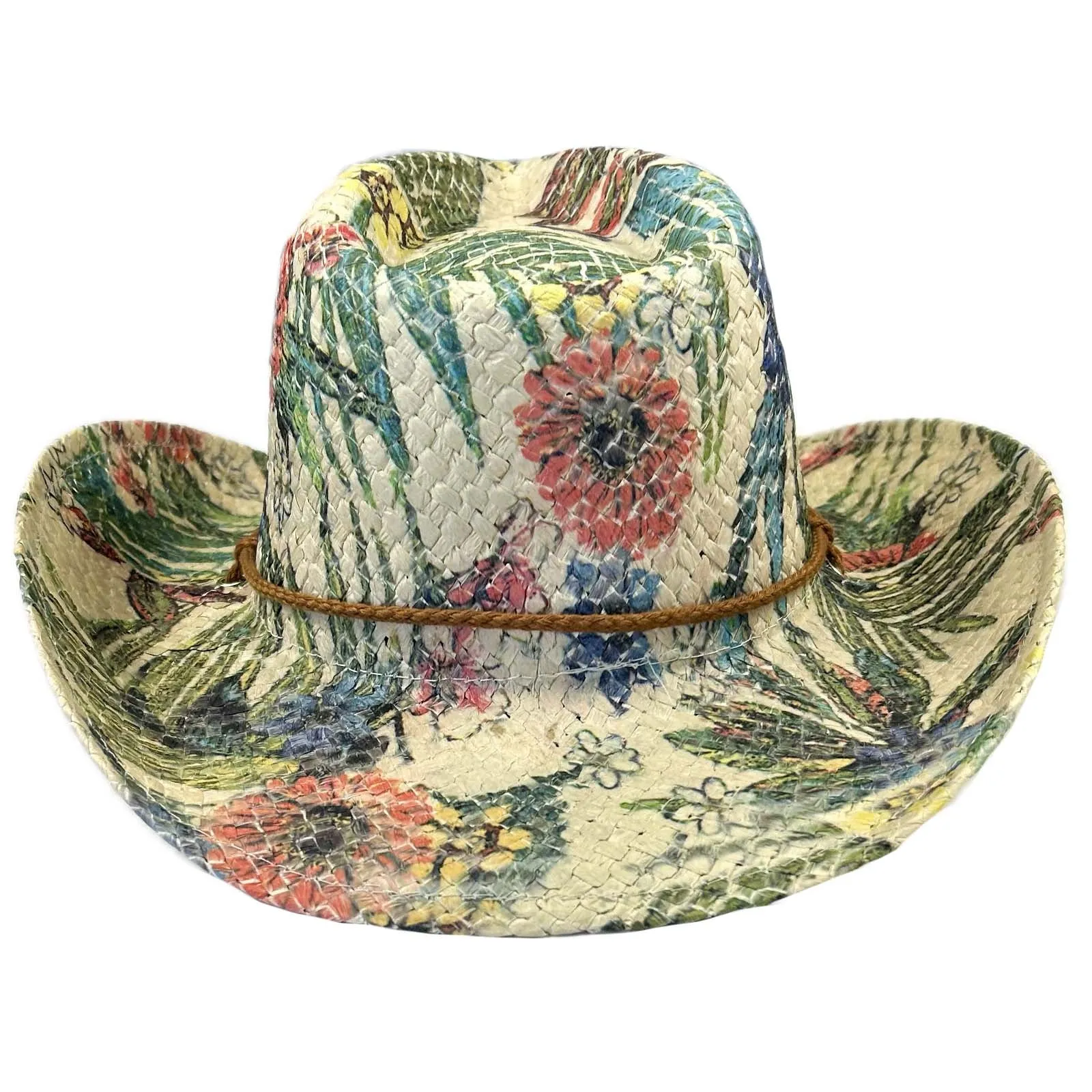 Floral Print Straw Western Cowgirl Hat with Chin Cord