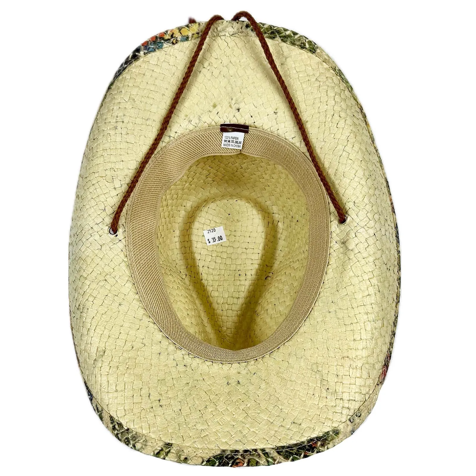 Floral Print Straw Western Cowgirl Hat with Chin Cord