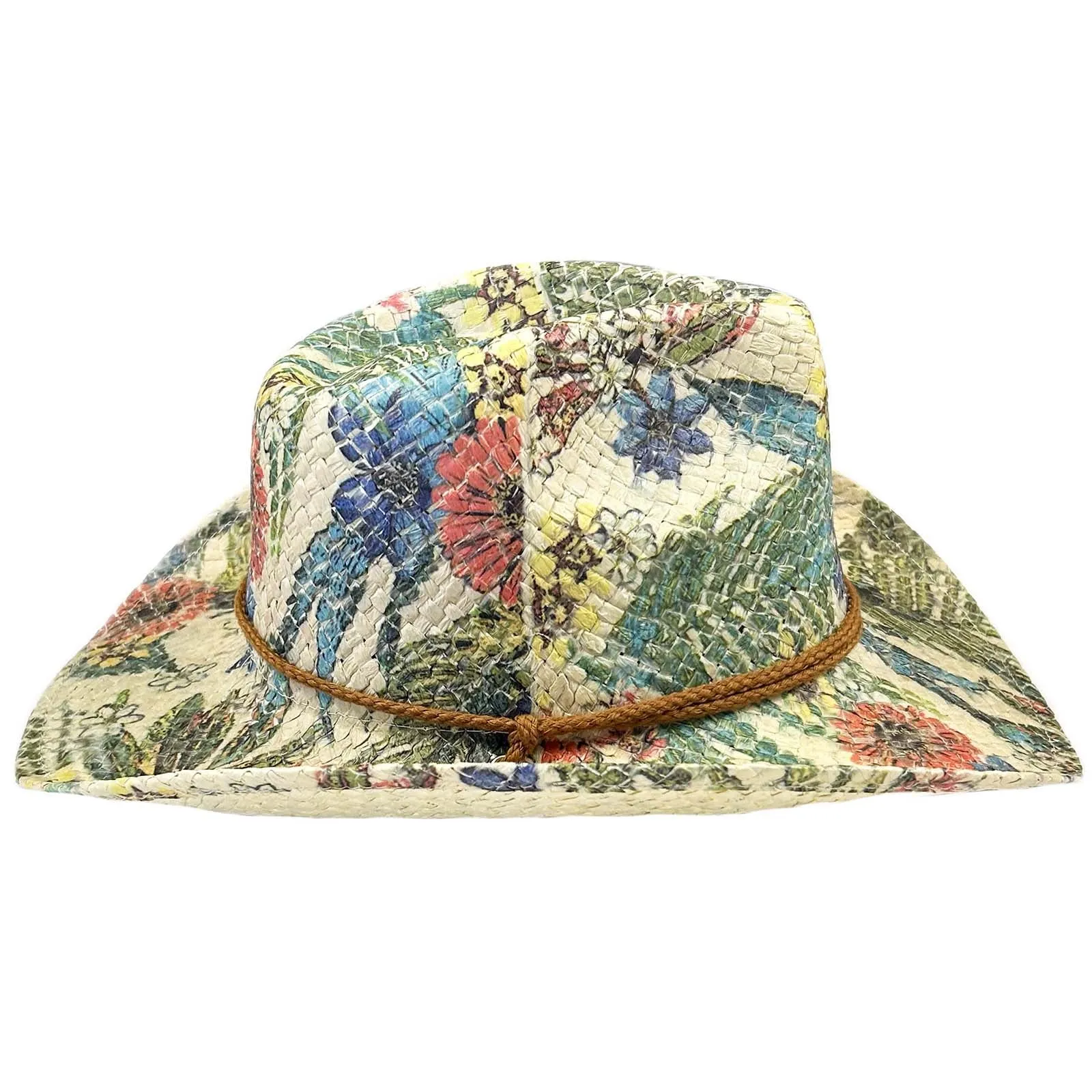 Floral Print Straw Western Cowgirl Hat with Chin Cord
