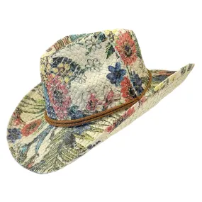 Floral Print Straw Western Cowgirl Hat with Chin Cord