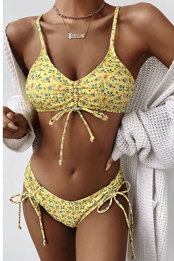 Floral Print Sweet Lace-Up Bikini