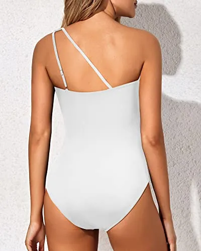 Full Coverage Tummy Control One Shoulder One Piece Swimsuit For Women-White