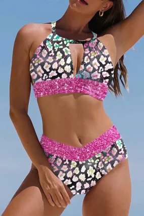 Gradient Leopard Print Patchwork Rocking Lace-Up Bikini