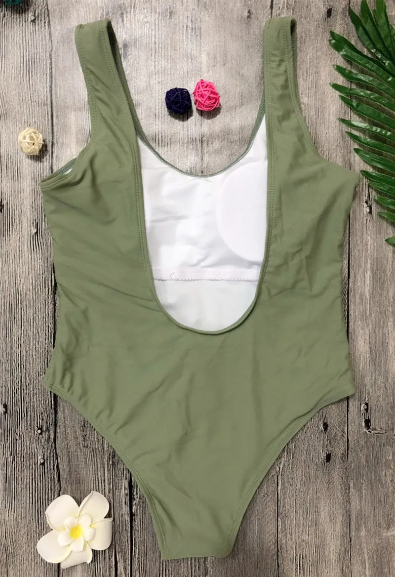 Green Backless Plain One Pieces Bikini