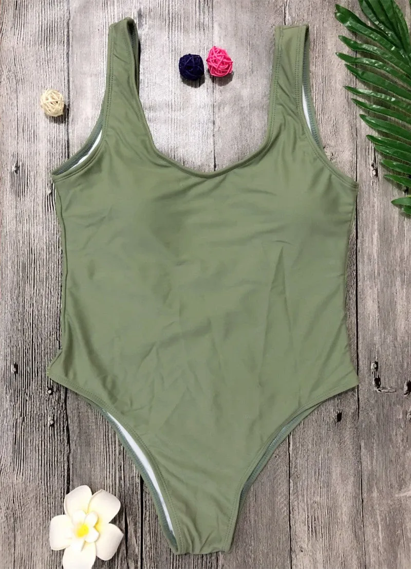 Green Backless Plain One Pieces Bikini