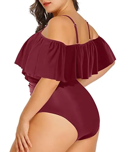 Halter Neck Tummy Control Plus Size Ruffled Swimsuit-Maroon