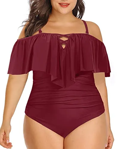 Halter Neck Tummy Control Plus Size Ruffled Swimsuit-Maroon