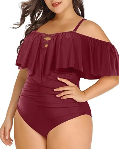 Halter Neck Tummy Control Plus Size Ruffled Swimsuit-Maroon
