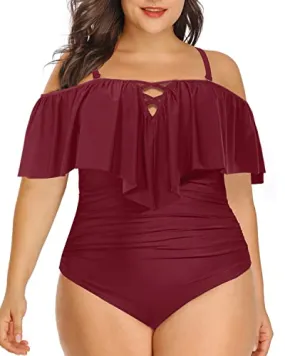 Halter Neck Tummy Control Plus Size Ruffled Swimsuit-Maroon