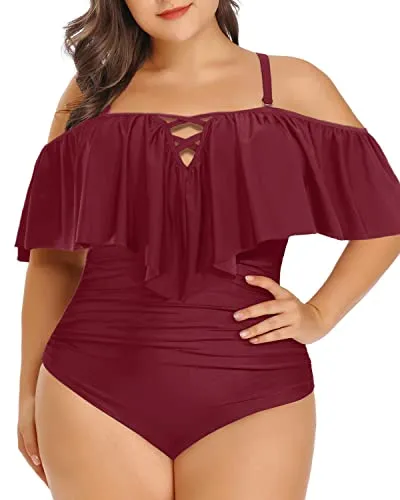 Halter Neck Tummy Control Plus Size Ruffled Swimsuit-Maroon