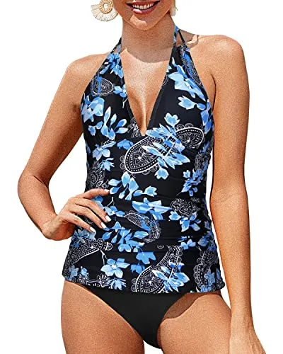 Halter Tankini Tops Bikini Bottom Two Piece Tummy Control Swimsuit-Black Floral
