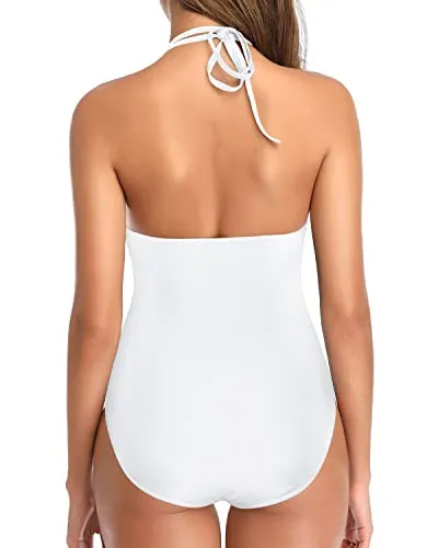 Halter V Neck Sexy Plunge One Piece Swimsuit Women Tummy Control-White
