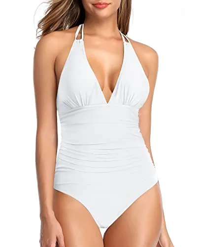 Halter V Neck Sexy Plunge One Piece Swimsuit Women Tummy Control-White