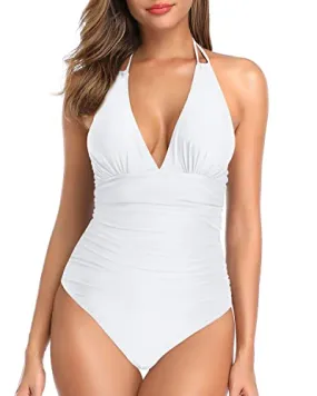 Halter V Neck Sexy Plunge One Piece Swimsuit Women Tummy Control-White