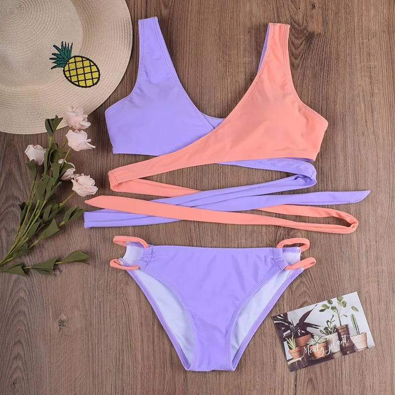 Hot Colorblock Strappy Mid Rise Thong Bottom Bikinis