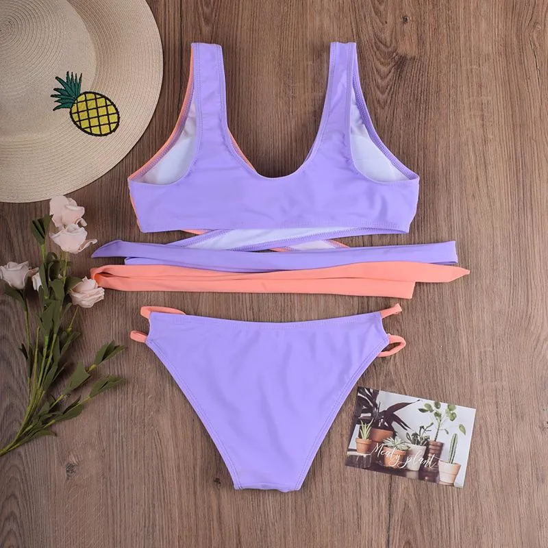 Hot Colorblock Strappy Mid Rise Thong Bottom Bikinis