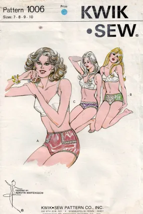 Kwik Sew 1006 Womens Stretch Panties Bikini or Full Briefs 1970s Vintage Sewing Pattern Waist 29 - 35 inches UNCUT Factory Folded